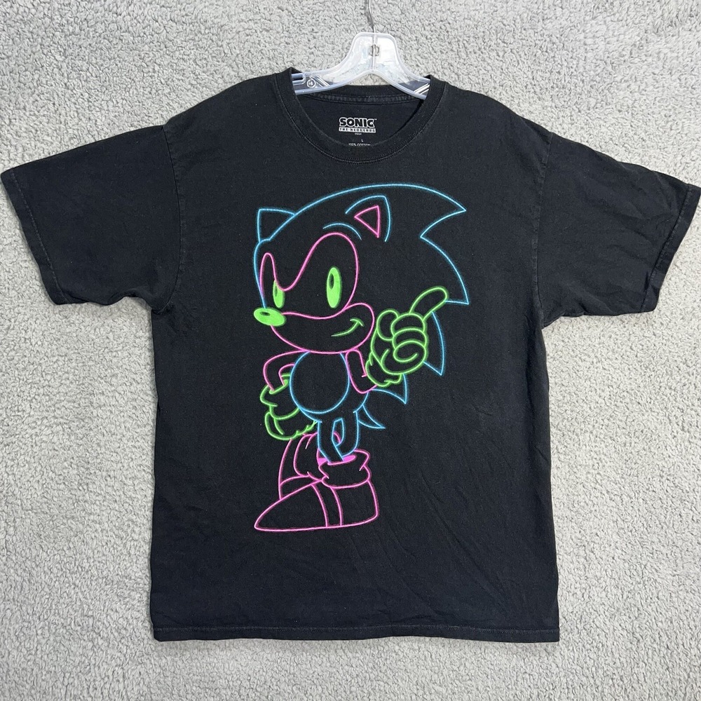 Official Sonic The Hedgehog T Shirt Men Sz L Black Neon Sega Large Logo Tee RARE